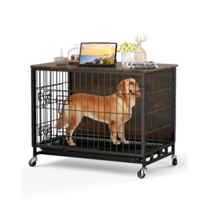 Accreate 32.5" Dog Crate Furniture with Removable Tray and Wheels, Heavy-Duty Double-Doors Dog Cage, Brown